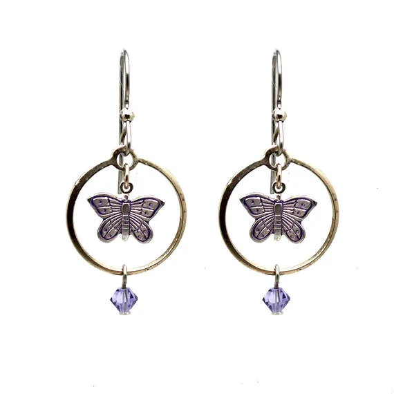 Silver Forest Butterfly in Open Circle Drop Earrings