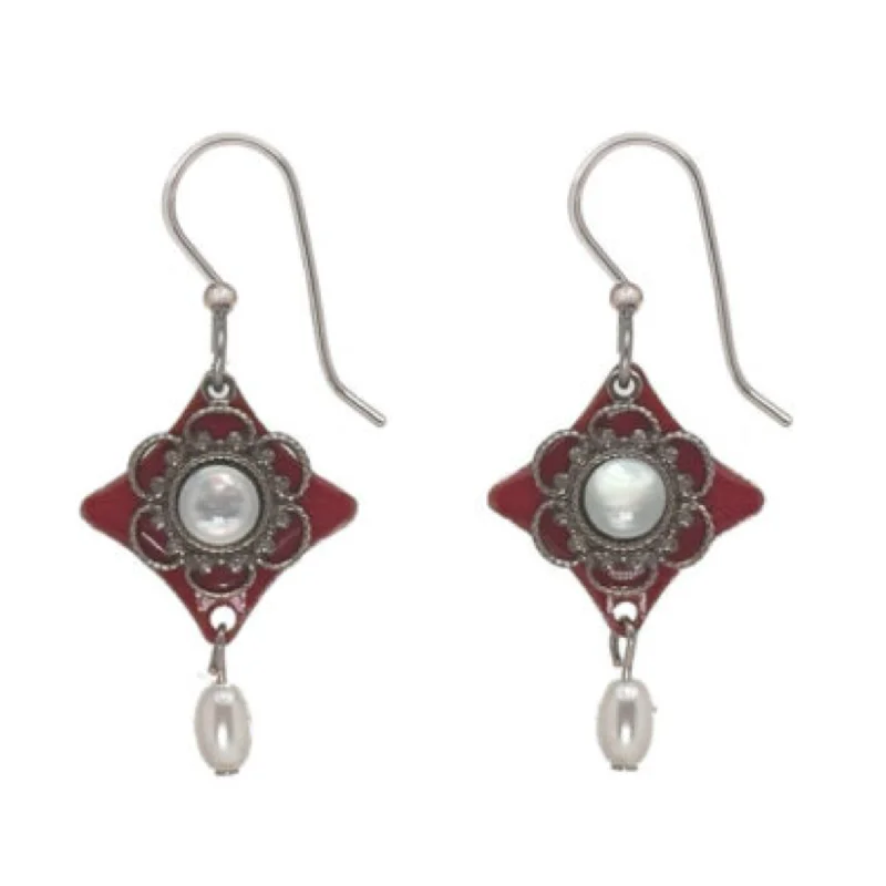 Silver Forest Earrings Clear Stone on Red Diamond Filigree