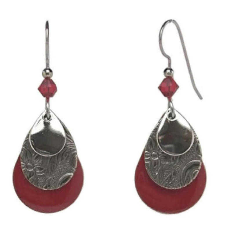 Silver Forest Earrings Silver Filigree on Red Teardrop with Red Bead