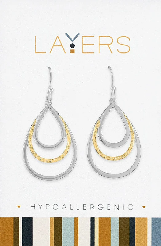 Silver Two-Toned Triple Teardrop Dangle Layers Earrings