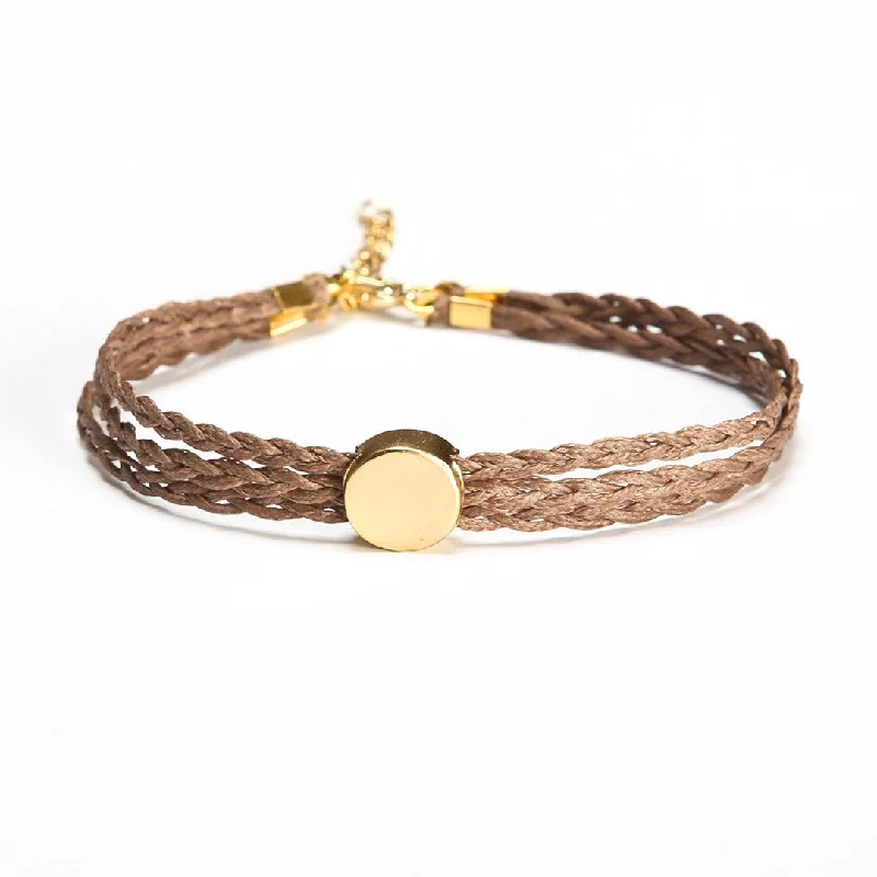 Braided ankle bracelet with a gold round bead, brown adjustable anklet