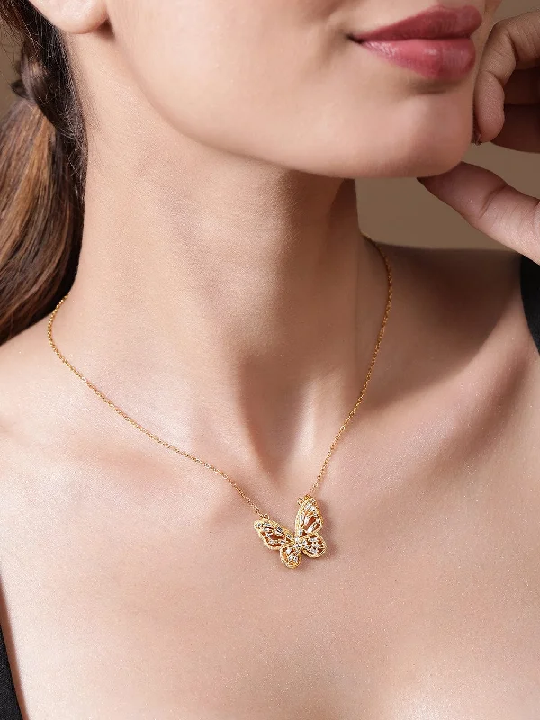 18K Gold Plated Stainless Steel Tarnish-Free Waterproof CZ Studded Butterfly Necklace