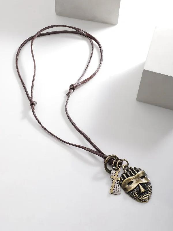 Rubans Voguish Men Brown Lather Necklace With Bohemian Mask Pendant